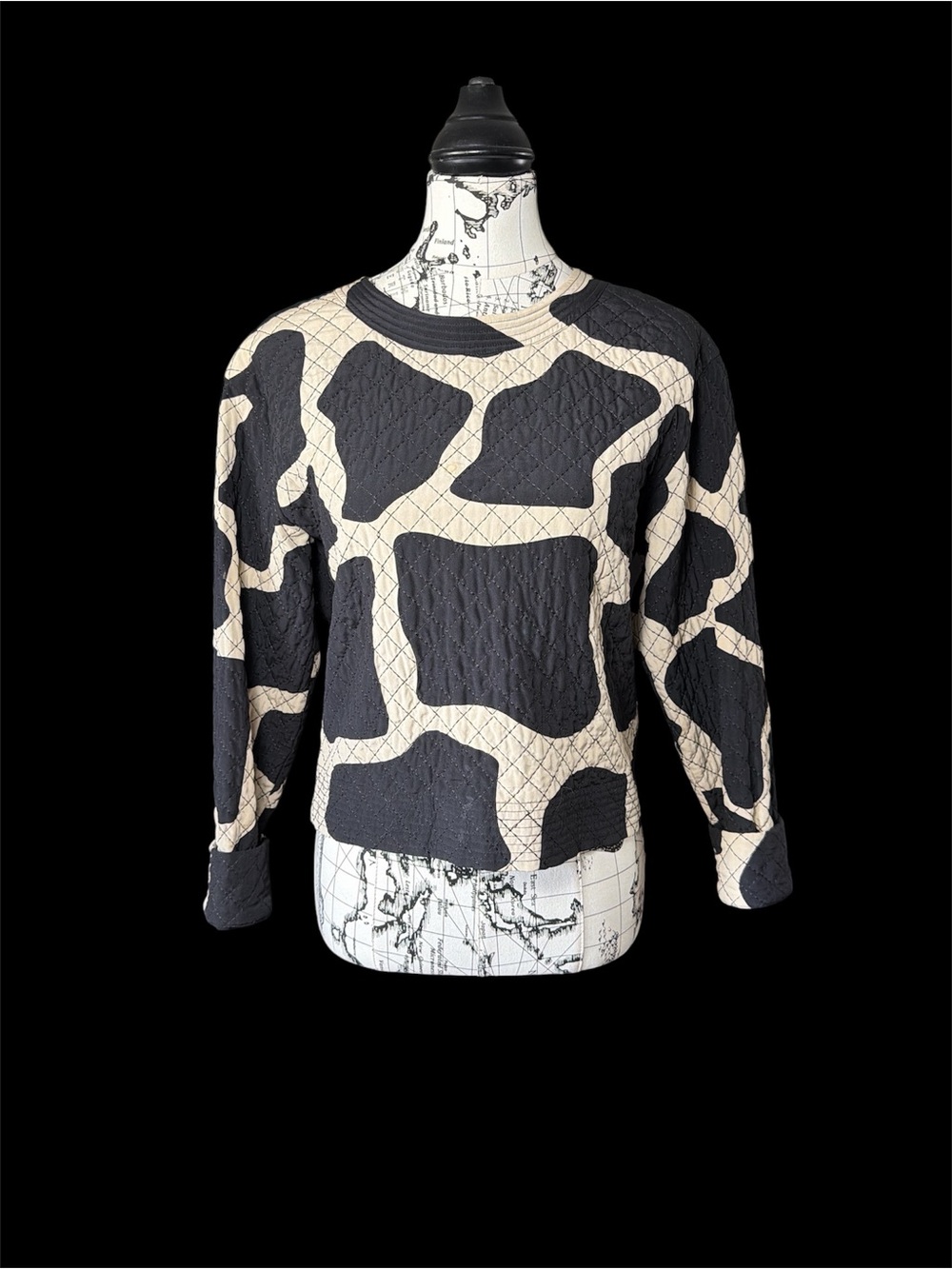 DKNY Quilted Silk Blouse Women Small Cow Print Full Black Zip Long Sleeve